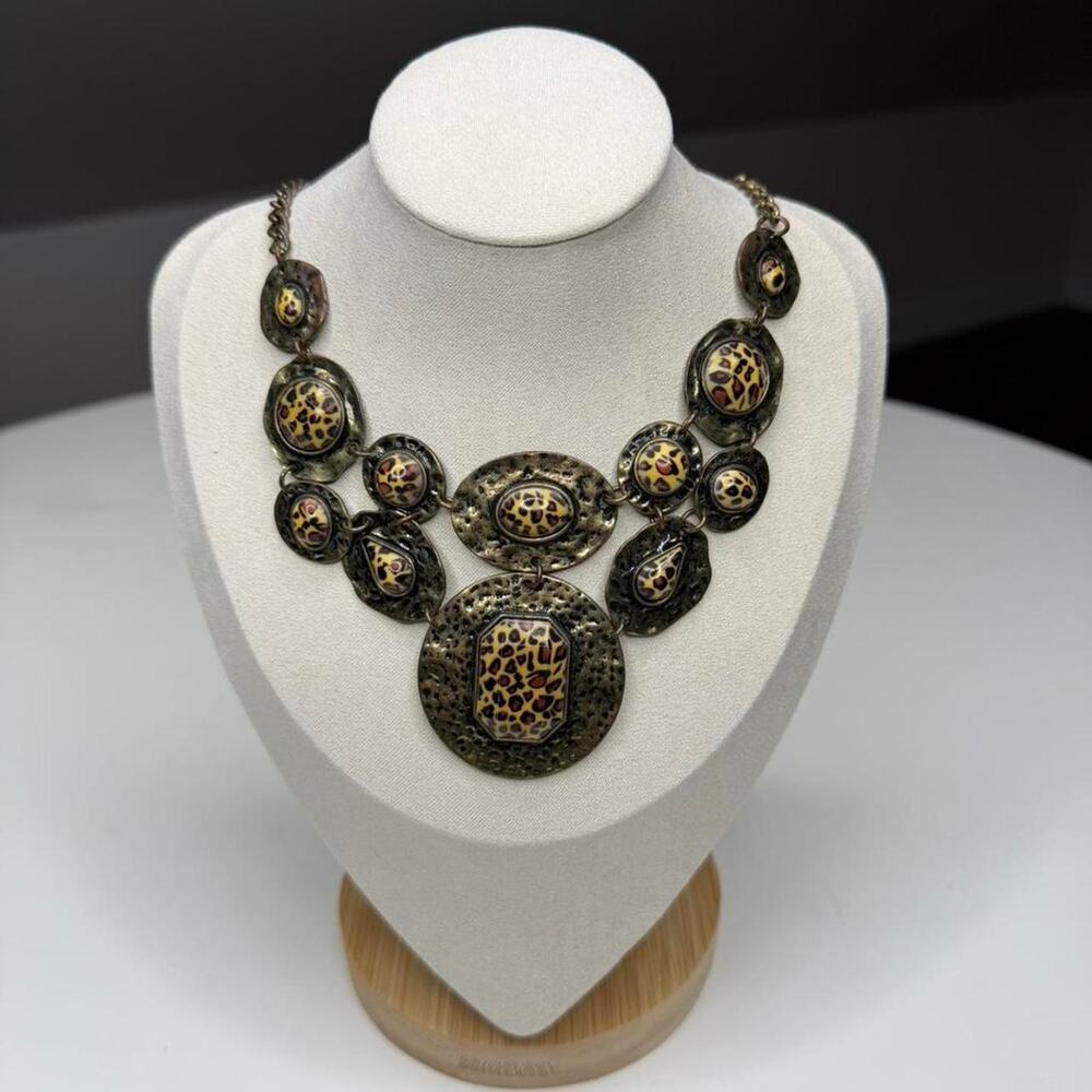 Bronze Leopard Mafia Mom statement Necklace Animal Print Bib Necklace Ruby‎ Rd